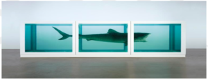 Damien Hirst, The Physical Impossibility of Death in the Mind of Someone Living, 2170 x 5420 x 1800 mm | 85,5 x 213,4 x 70,9 inç, Cam, boyalı çelik, silikon, monofila-ment, köpekbalığı ve formaldehit çözeltisi (1991)